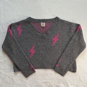 Hippie Rose Gray V-Neck Sweater with Pink Lightning Bolts